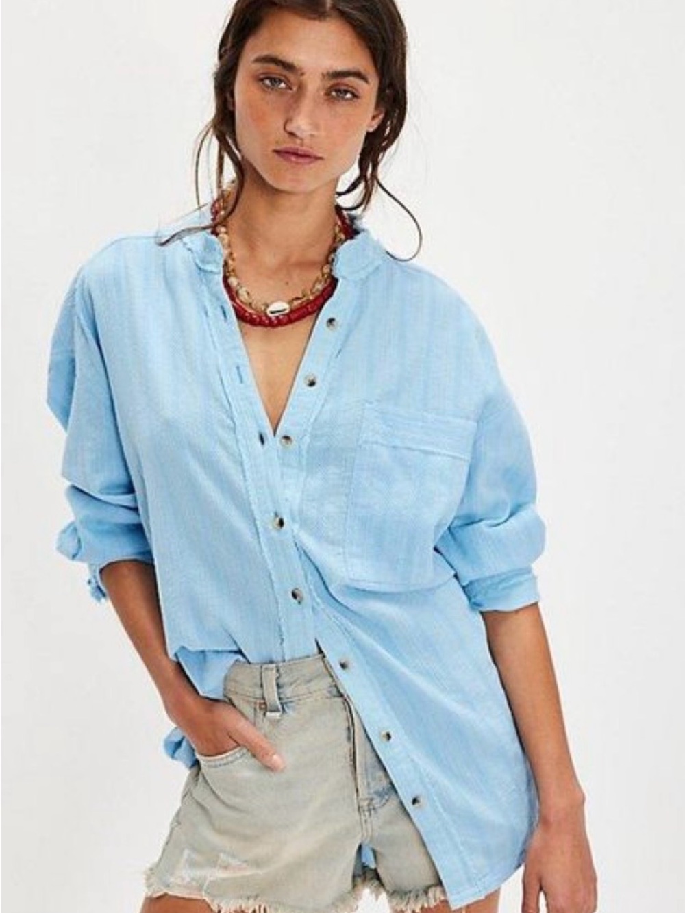 We The Free Light Blue Textured Button-Up Top